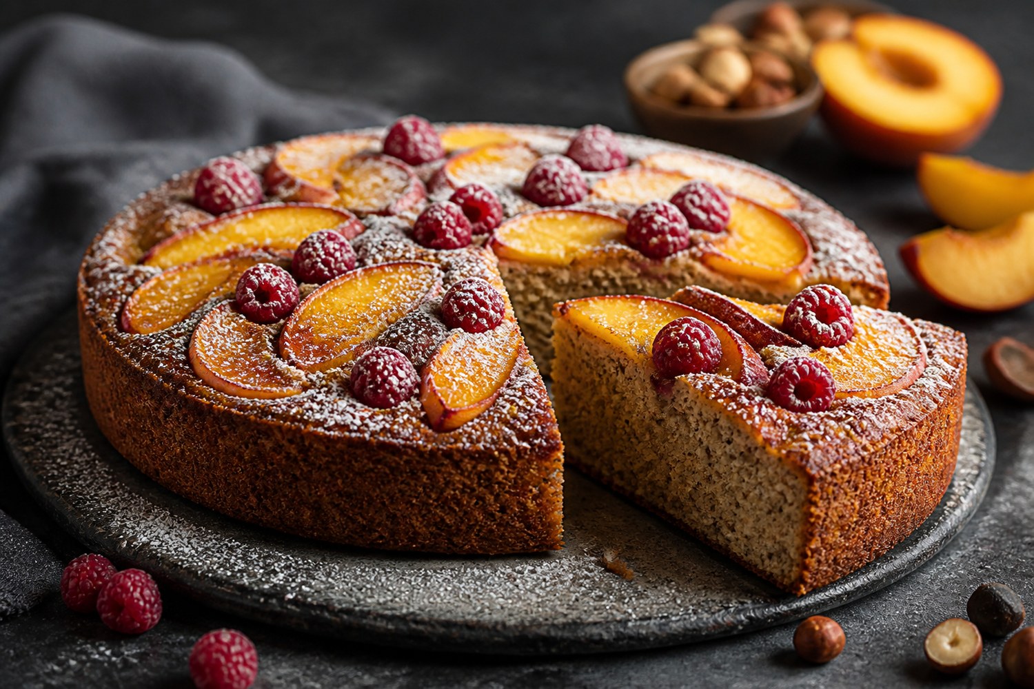 Haselnusskuchen mit Pfirsichen und Himbeeren
