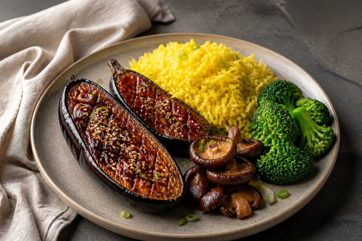 Miso-Aubergine mit gelbem Basmatireis und Shiitake-Brokkoli-Gemüse