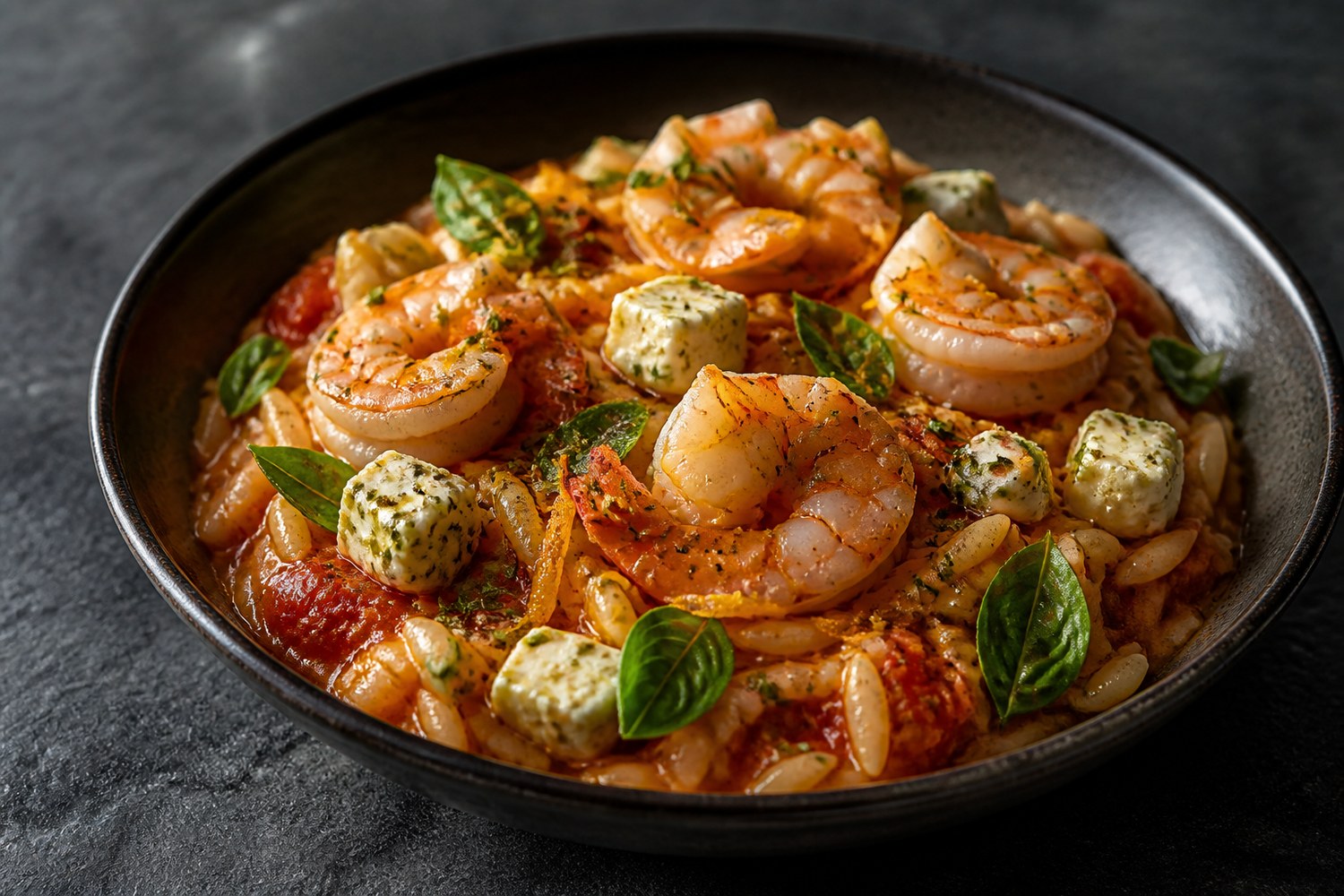 Orzo mit Garnelen, Tomaten und mariniertem Feta