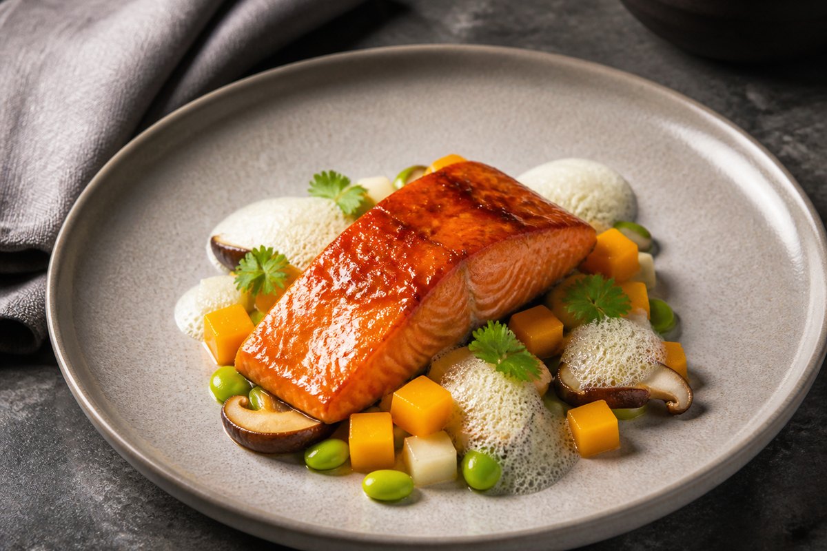 Umami-Lachs mit Kohlrabi, Shiitake, Edamame und Zitronengrasschaum